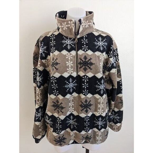 Vintage Sierra Classics Large Snowflake Fleece Jacket Tan Black White Half Zip - Picture 3 of 8